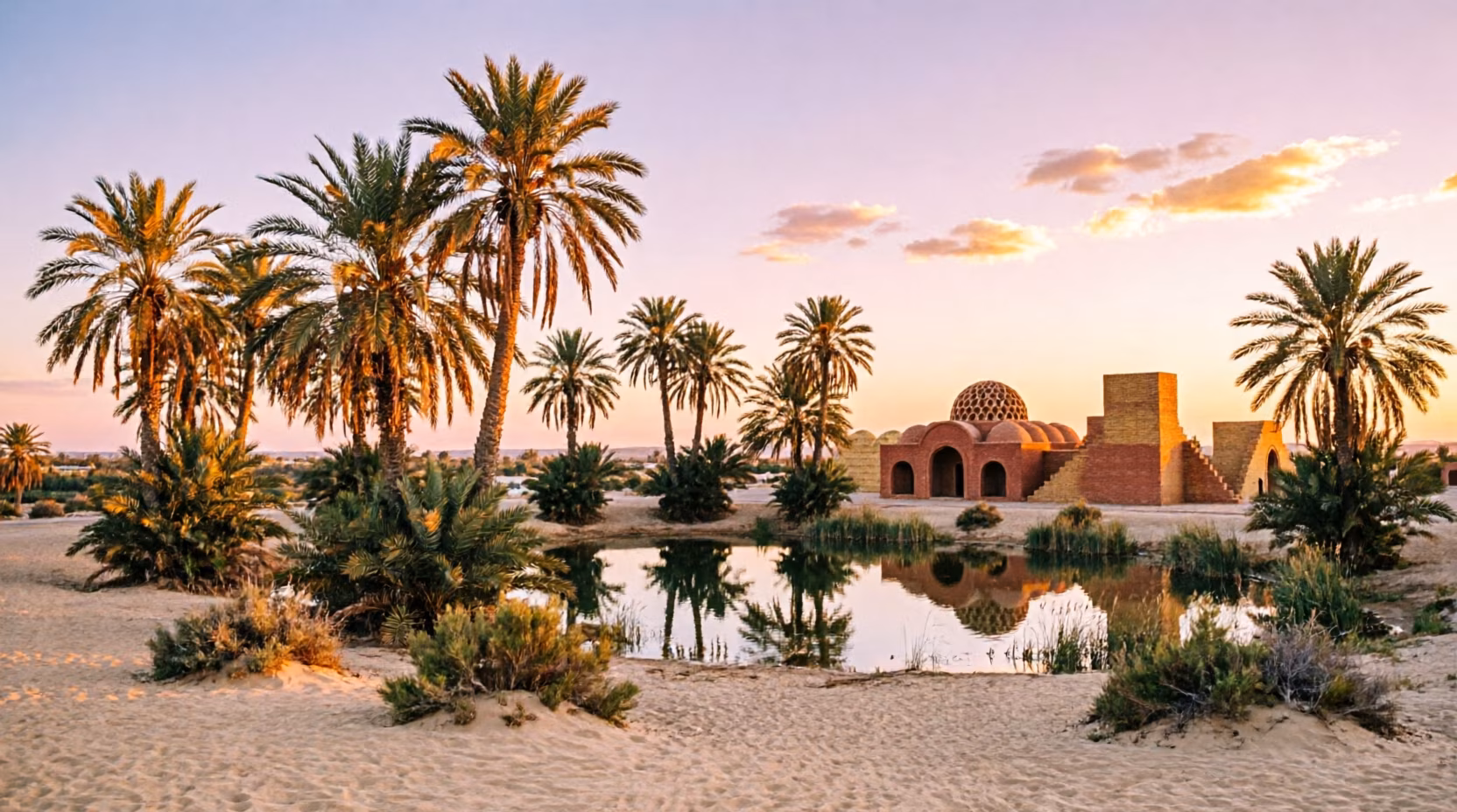 Tozeur oasis and palm groves at sunset